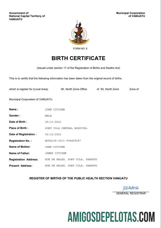 Realista modelo Word e PDF de certidão de nascimento de Vanuatu